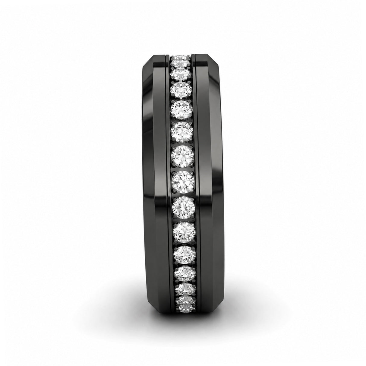 8mm - Black Tungsten Carbide Wedding Band Fully Stacked Cubic Zircon Beveled Edge Comfort Fit