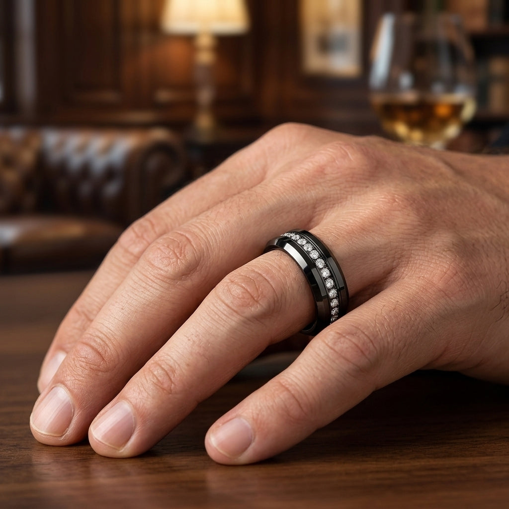 8mm - Black Tungsten Carbide Wedding Band Fully Stacked Cubic Zircon Beveled Edge Comfort Fit