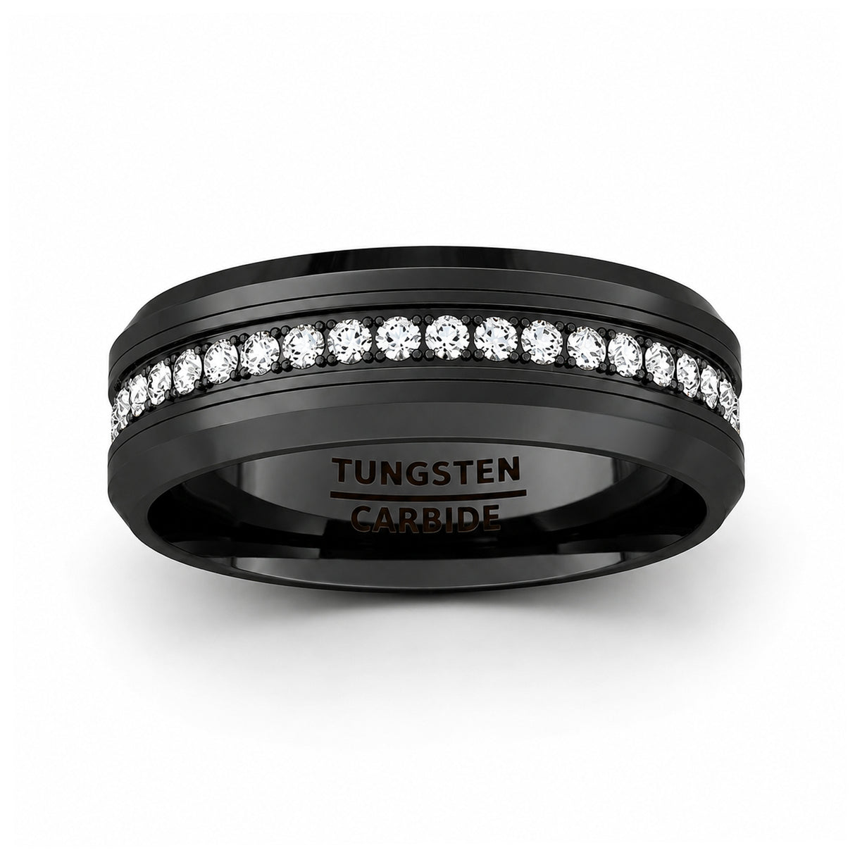 8mm - Black Tungsten Carbide Wedding Band Fully Stacked Cubic Zircon Beveled Edge Comfort Fit