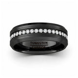 8mm - Black Tungsten Carbide Wedding Band Fully Stacked Cubic Zircon Beveled Edge Comfort Fit