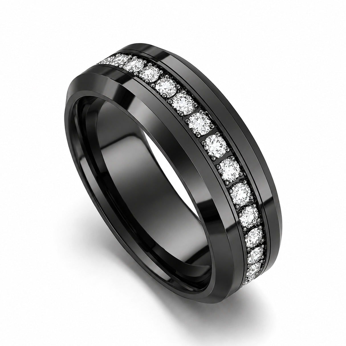 8mm - Black Tungsten Carbide Wedding Band Fully Stacked Cubic Zircon Beveled Edge Comfort Fit