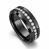 8mm - Black Tungsten Carbide Wedding Band Fully Stacked Cubic Zircon Beveled Edge Comfort Fit