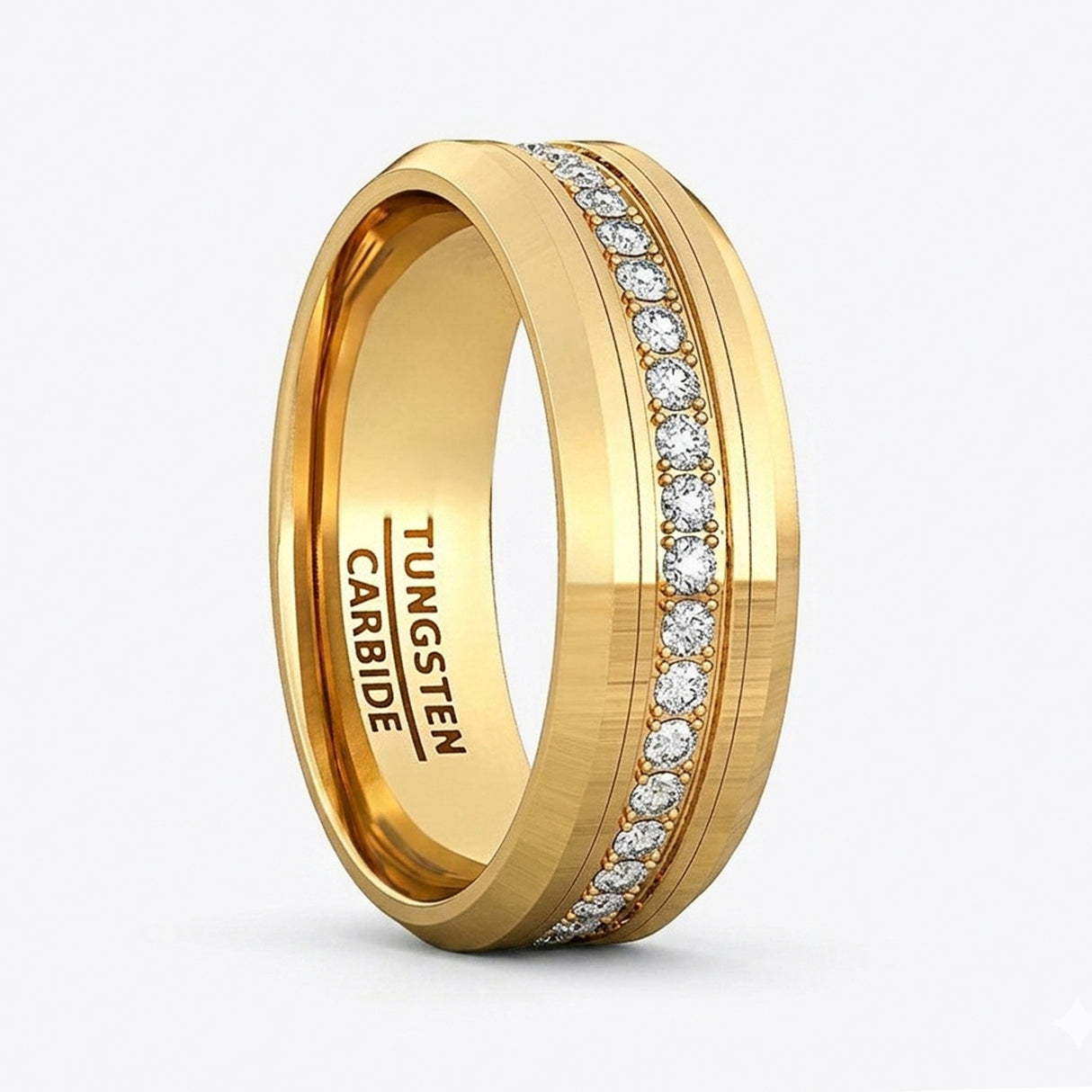 8mm - Tungsten Carbide Wedding Band Fully Stacked Cubic Zircon Beveled Edge Comfort Fit