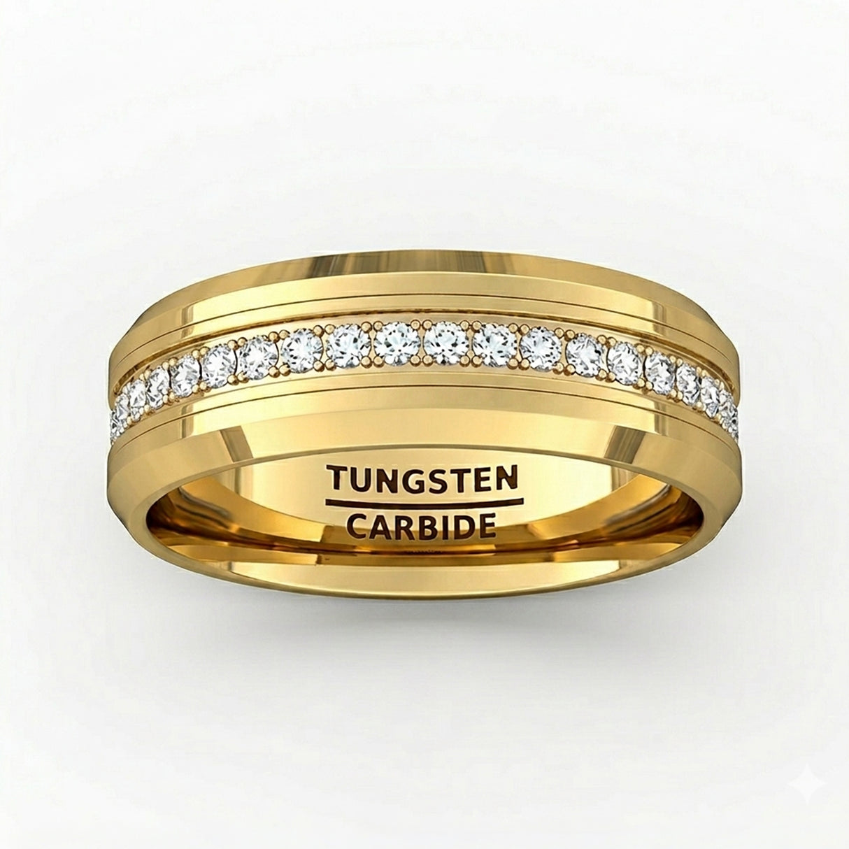 8mm - Tungsten Carbide Wedding Band Fully Stacked Cubic Zircon Beveled Edge Comfort Fit
