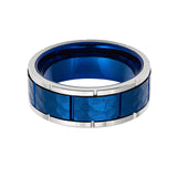 8mm - Mens Tungsten Blue & Silver Wedding Band, Hammered Ring, Comfort-Fit