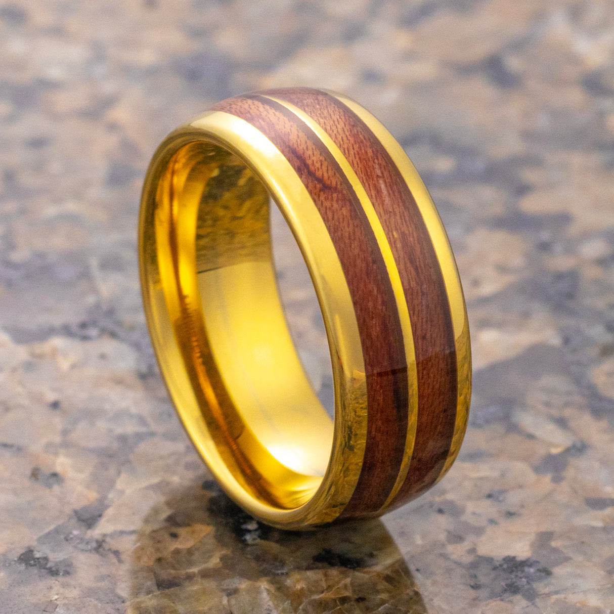 8mm - Tungsten Double Barrel Real Koa Wood Inlay Ring Wedding Band Dome