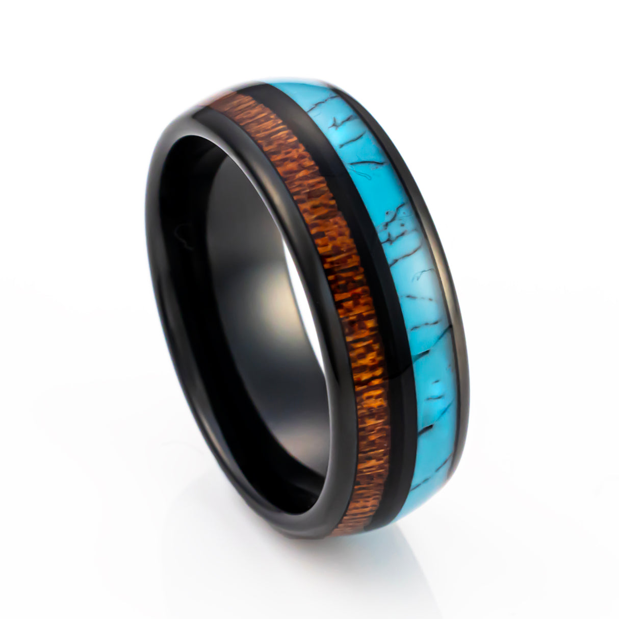 8mm Black Tungsten Carbide Wedding Band W/ Turquoise & Koa Wood Inlay