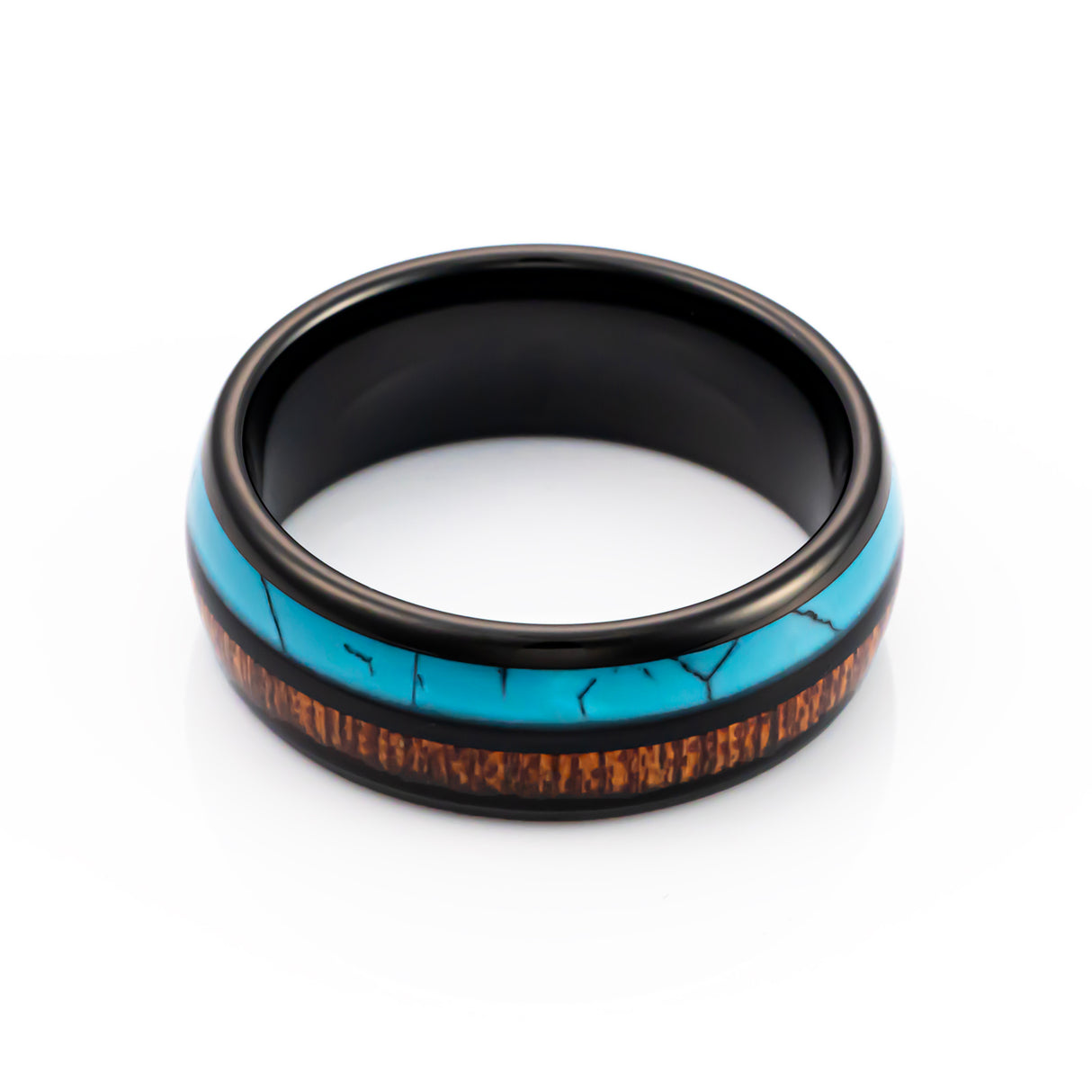 8mm Black Tungsten Carbide Wedding Band W/ Turquoise & Koa Wood Inlay