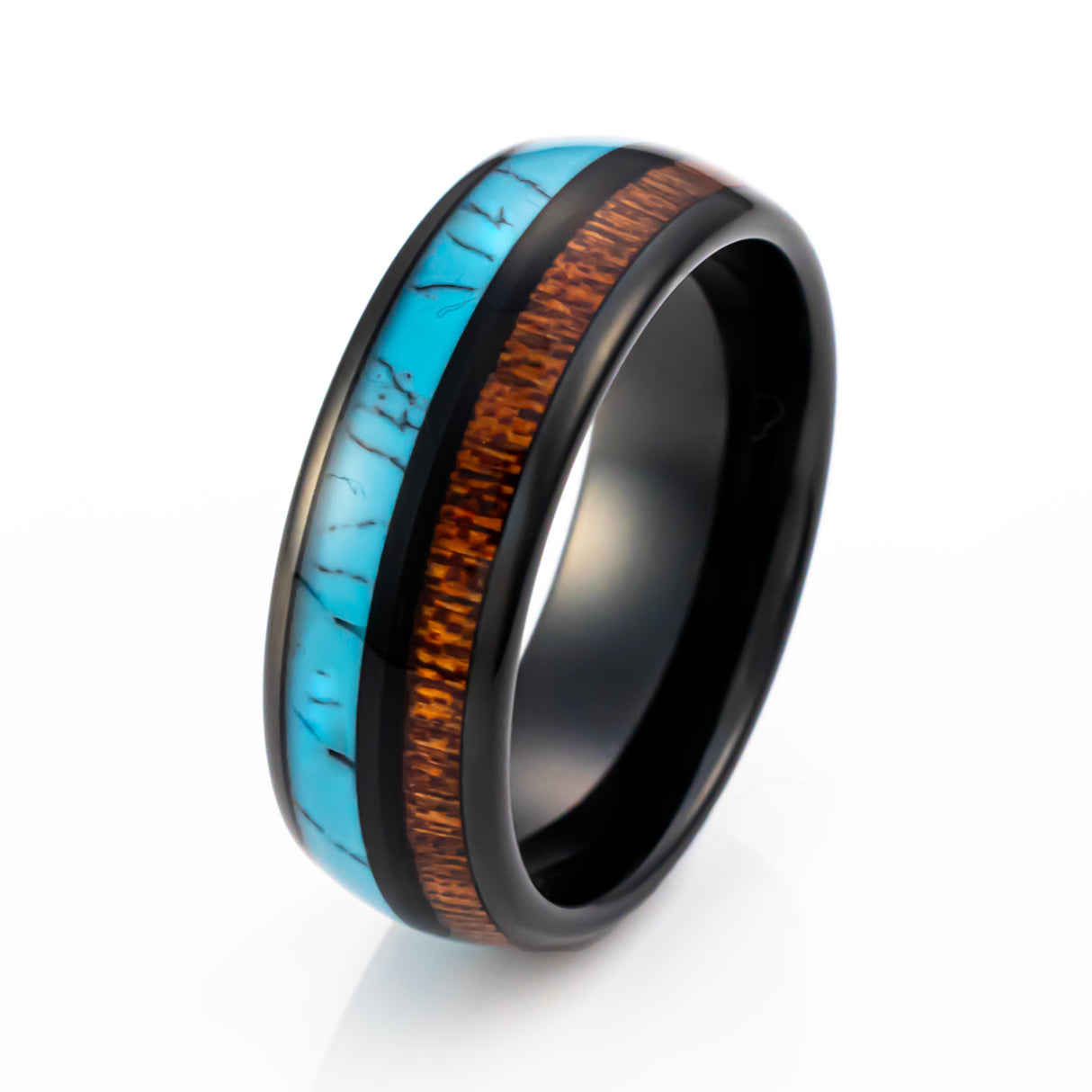 8mm Black Tungsten Carbide Wedding Band W/ Turquoise & Koa Wood Inlay