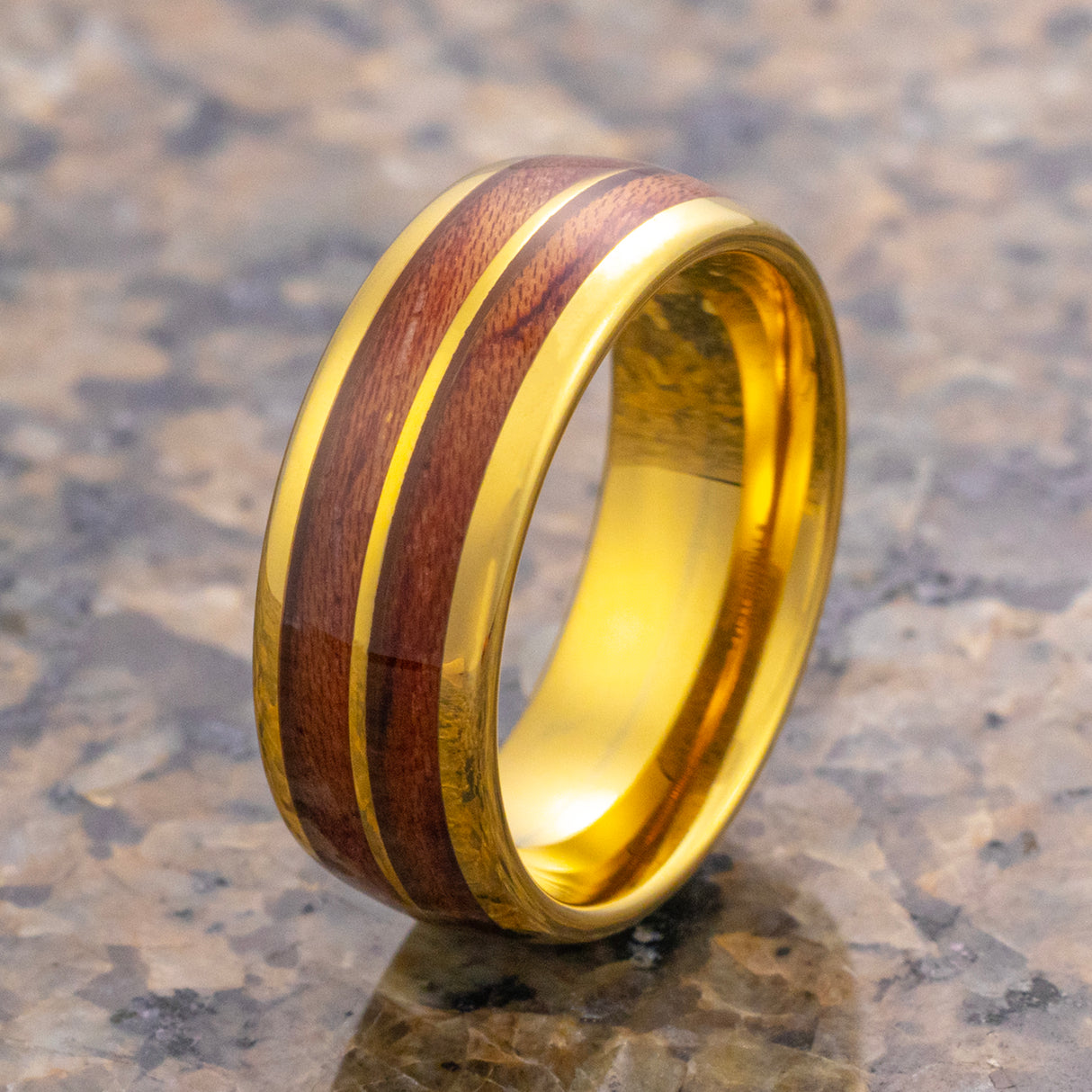 8mm - Tungsten Double Barrel Real Koa Wood Inlay Ring Wedding Band Dome