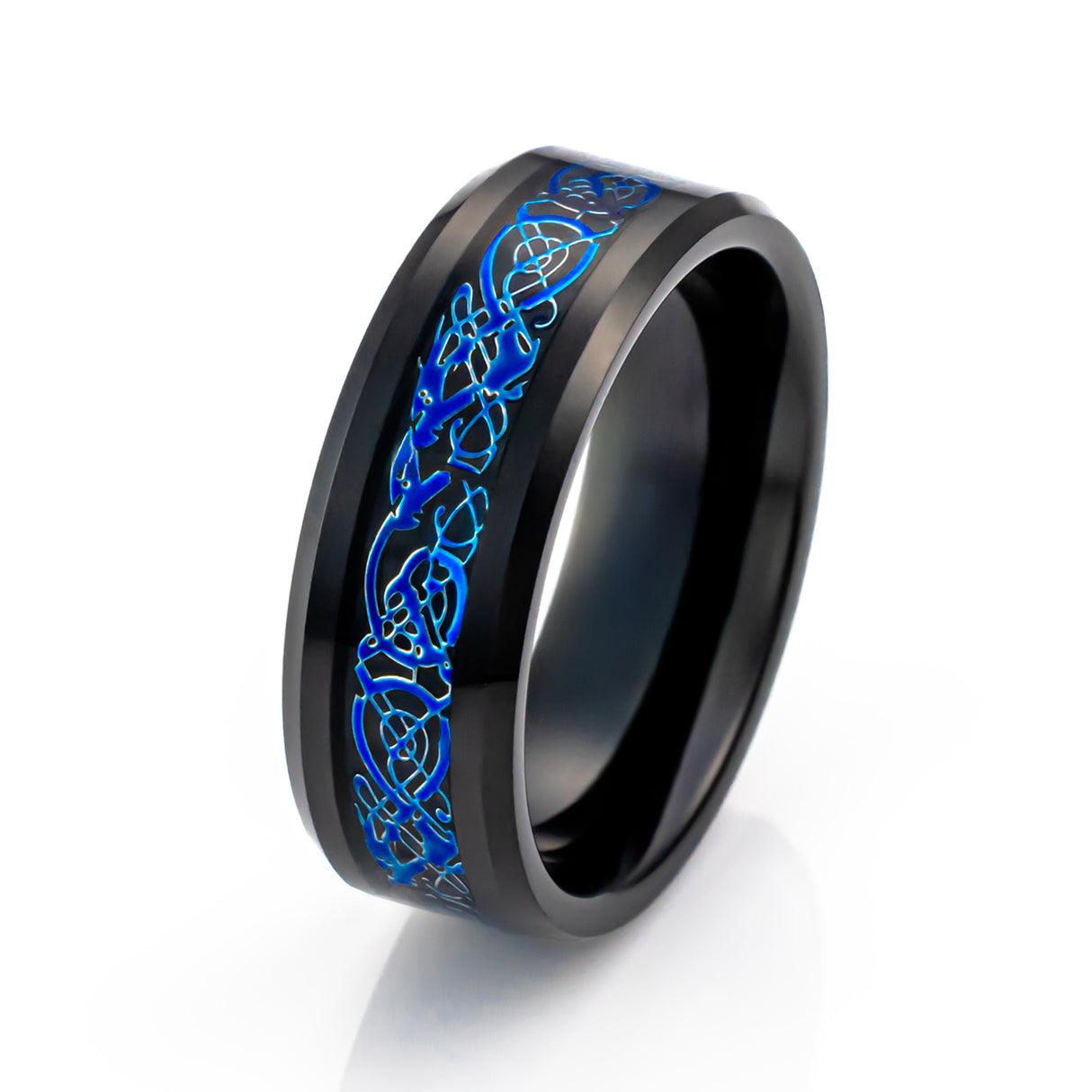 8mm Tungsten Carbide Wedding Band with Blue Celtic Dragon Inlay