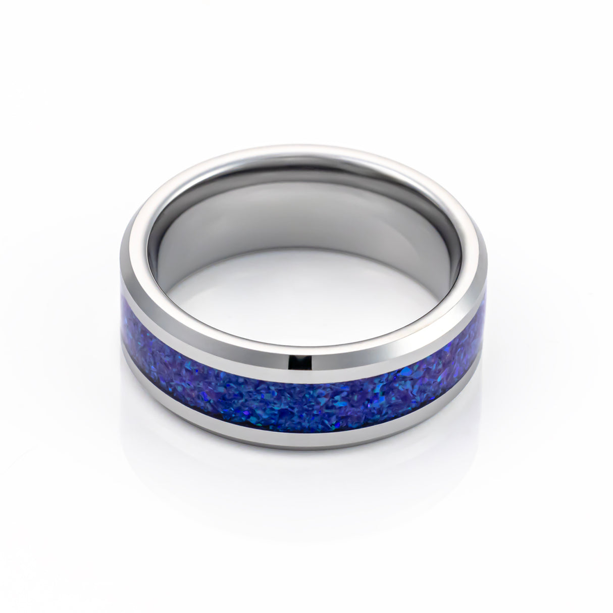 8mm Silver Tungsten Carbide Wedding Band W/ Sleepy Lavender Opal Inlay