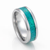 8mm Silver Tungsten Carbide Wedding Band W/ Kiwi Green Opal Inlay