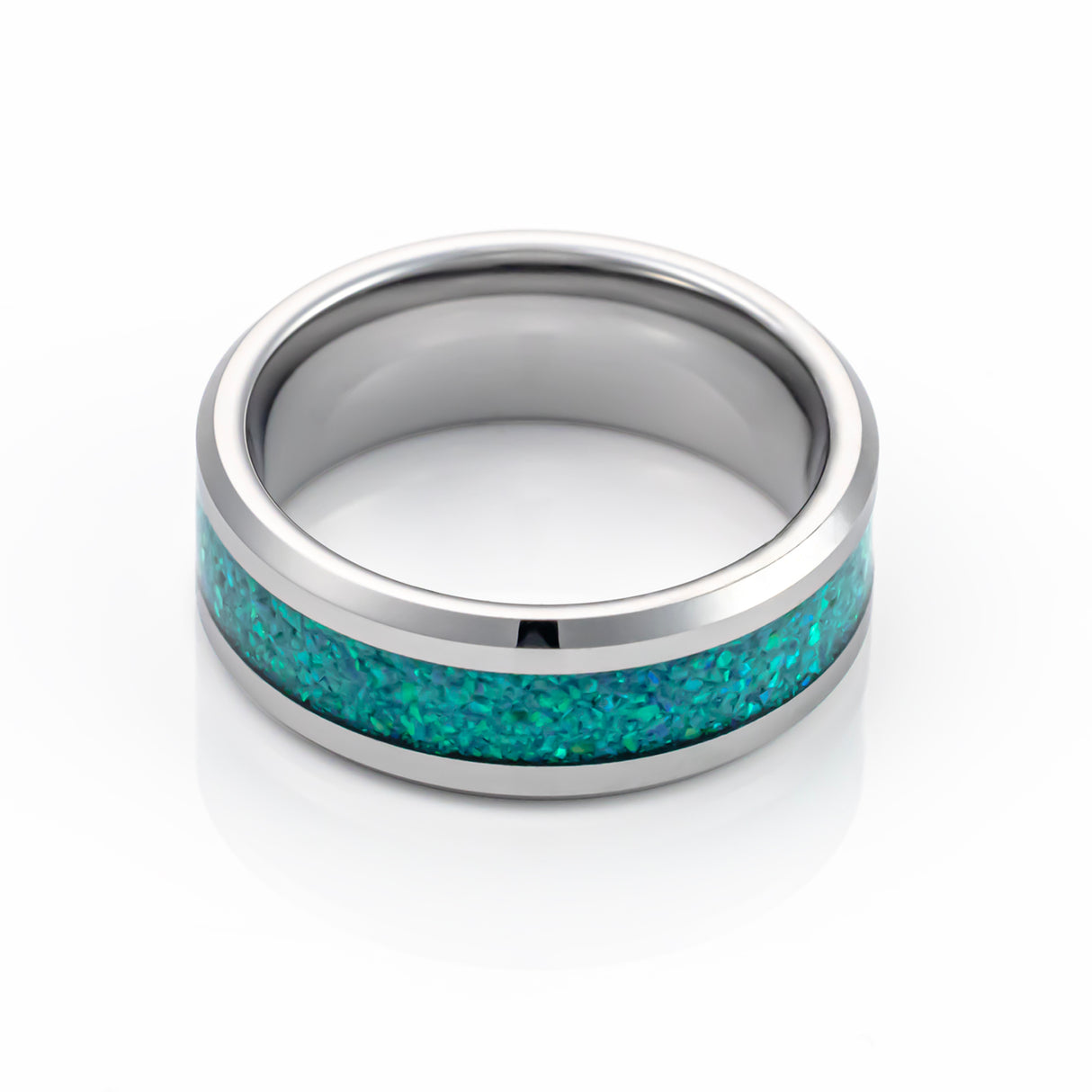 8mm Silver Tungsten Carbide Wedding Band W/ Kiwi Green Opal Inlay