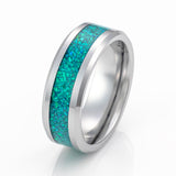 8mm Silver Tungsten Carbide Wedding Band W/ Kiwi Green Opal Inlay