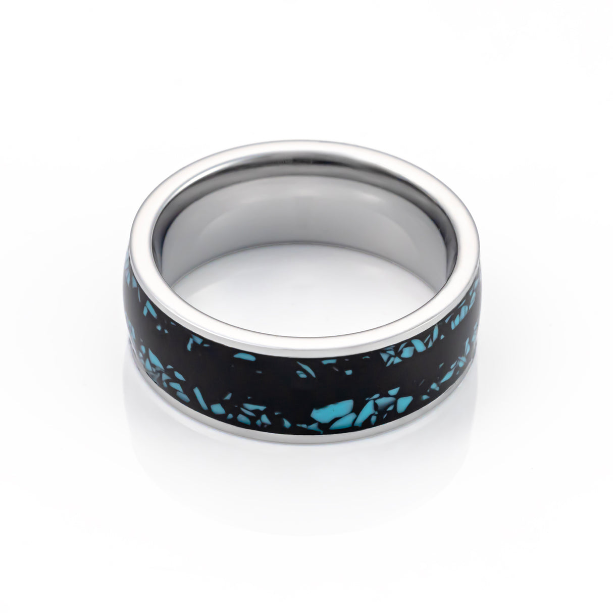 8mm Tungsten Carbide Wedding Band Turquoise Fragments Black Strip Center