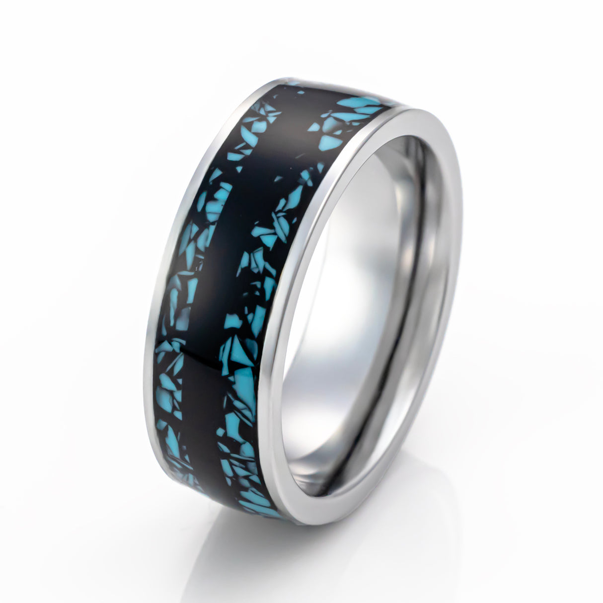 8mm Tungsten Carbide Wedding Band Turquoise Fragments Black Strip Center