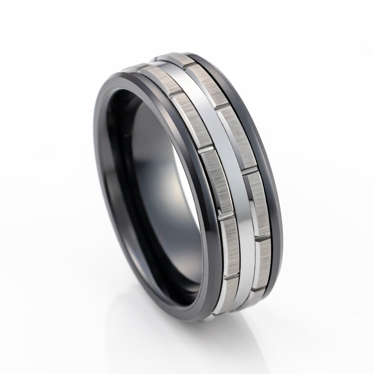 8mm GunMetal Black Tungsten Wedding Band W/ Silver Brick Pattern Beveled Edges