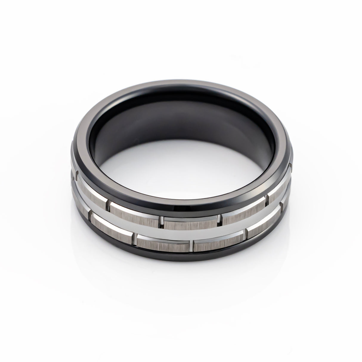 8mm GunMetal Black Tungsten Wedding Band W/ Silver Brick Pattern Beveled Edges