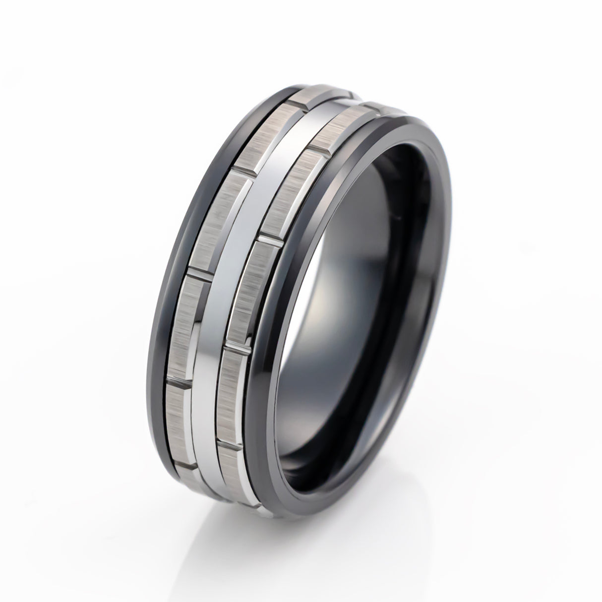 8mm GunMetal Black Tungsten Wedding Band W/ Silver Brick Pattern Beveled Edges