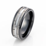 8mm GunMetal Black Tungsten Wedding Band W/ Silver Brick Pattern Beveled Edges