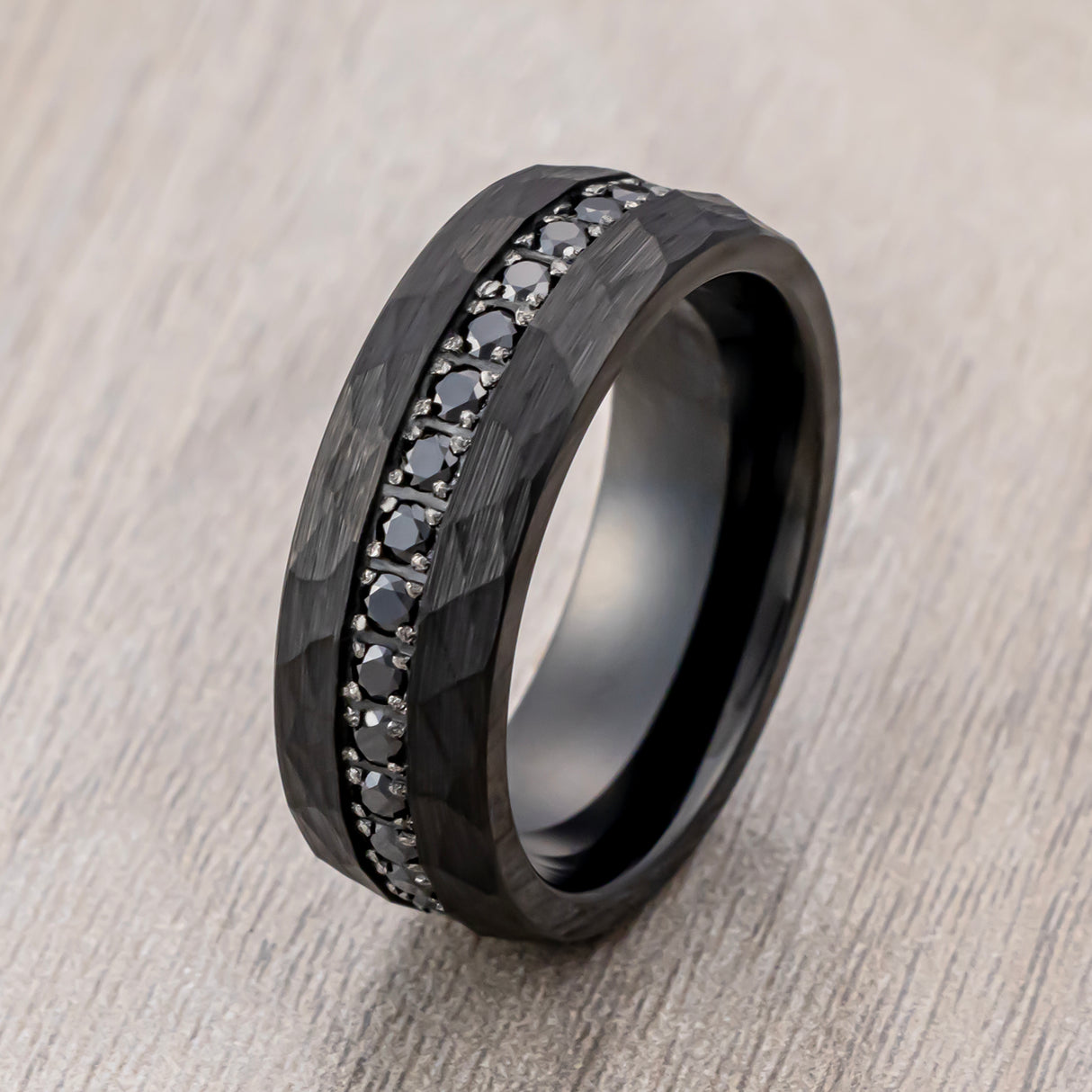 8mm - Black Tungsten Hammered Wedding Band, with Black Sapphires Ring