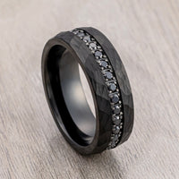 8mm - Black Tungsten Hammered Wedding Band, with Black Sapphires Ring