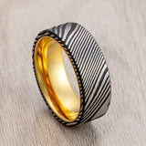 Mens Damascus Steel Wedding Band Gold Interface Comfort Fit, Anniversary Ring, Engagement Ring, - 8mm