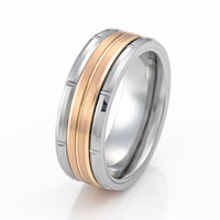 8mm - Silver Tungsten Wedding Band Rose Gold Brush Grooved Center,