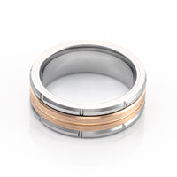 8mm - Silver Tungsten Wedding Band Rose Gold Brush Grooved Center,