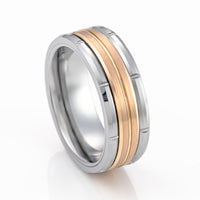 8mm - Silver Tungsten Wedding Band Rose Gold Brush Grooved Center,