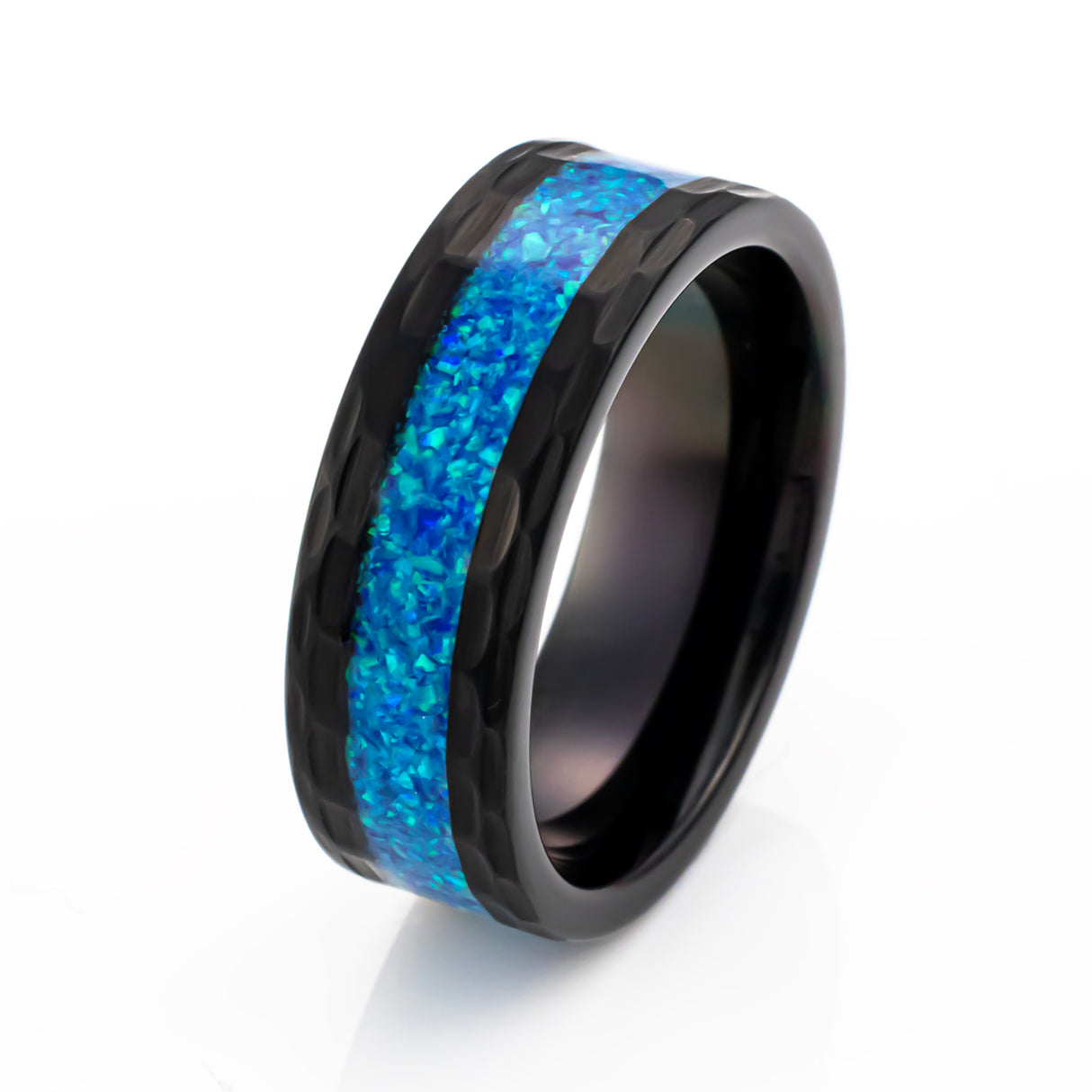 8mm Tungsten Carbide Wedding Band Hammered W/ Blue Opal & Emerald Green Inlay