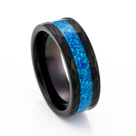 8mm Tungsten Carbide Wedding Band Hammered W/ Blue Opal & Emerald Green Inlay