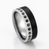 8mm - Black Brushed Tungsten Carbide Wedding Ring Silver W/ Black CZ Diamonds