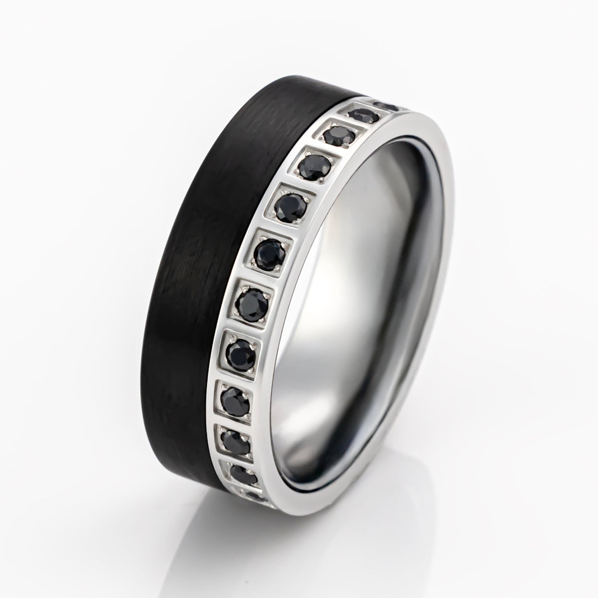 8mm - Black Brushed Tungsten Carbide Wedding Ring Silver W/ Black CZ Diamonds