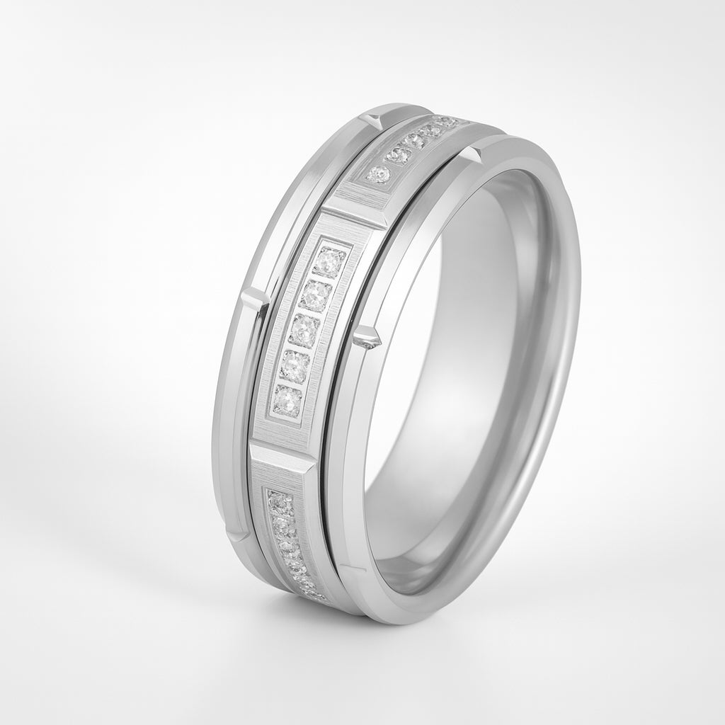 8mm - Silver Mens Tungsten Ring Brick Pattern Brushed Sectional Diamonds