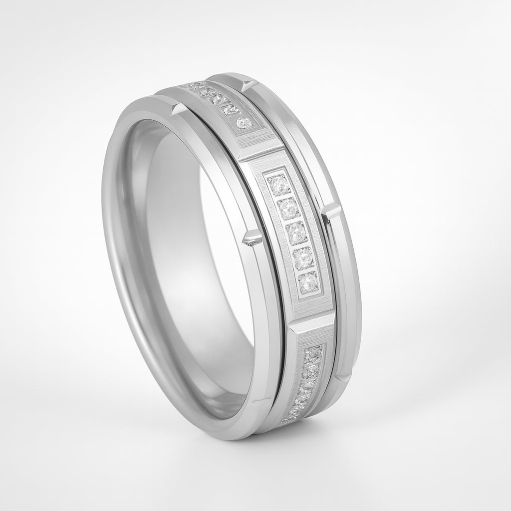 8mm - Silver Mens Tungsten Ring Brick Pattern Brushed Sectional Diamonds