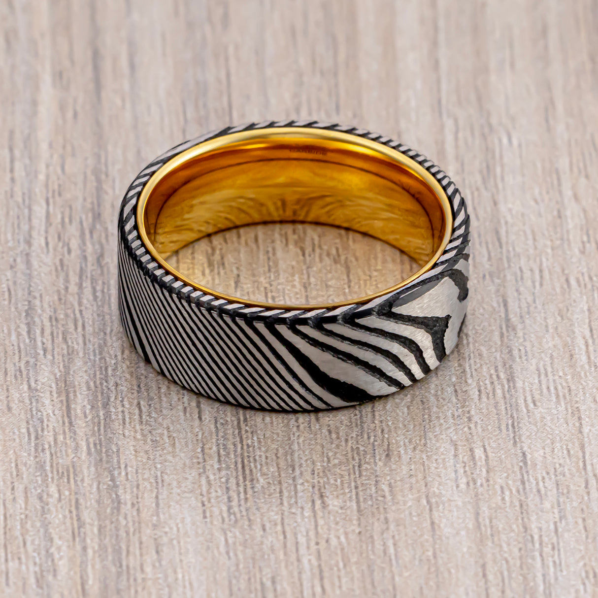 Mens Damascus Steel Wedding Band Gold Interface Comfort Fit, Anniversary Ring, Engagement Ring, - 8mm