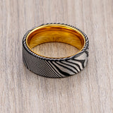 Mens Damascus Steel Wedding Band Gold Interface Comfort Fit, Anniversary Ring, Engagement Ring, - 8mm