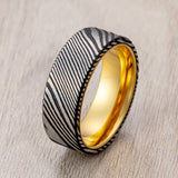 Mens Damascus Steel Wedding Band Gold Interface Comfort Fit, Anniversary Ring, Engagement Ring, - 8mm