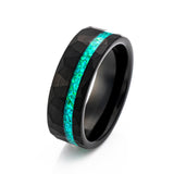 8mm - Black Tungsten Wedding Ring, Crushed Green Opal Hammered Ring