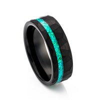 8mm - Black Tungsten Wedding Ring, Crushed Green Opal Hammered Ring