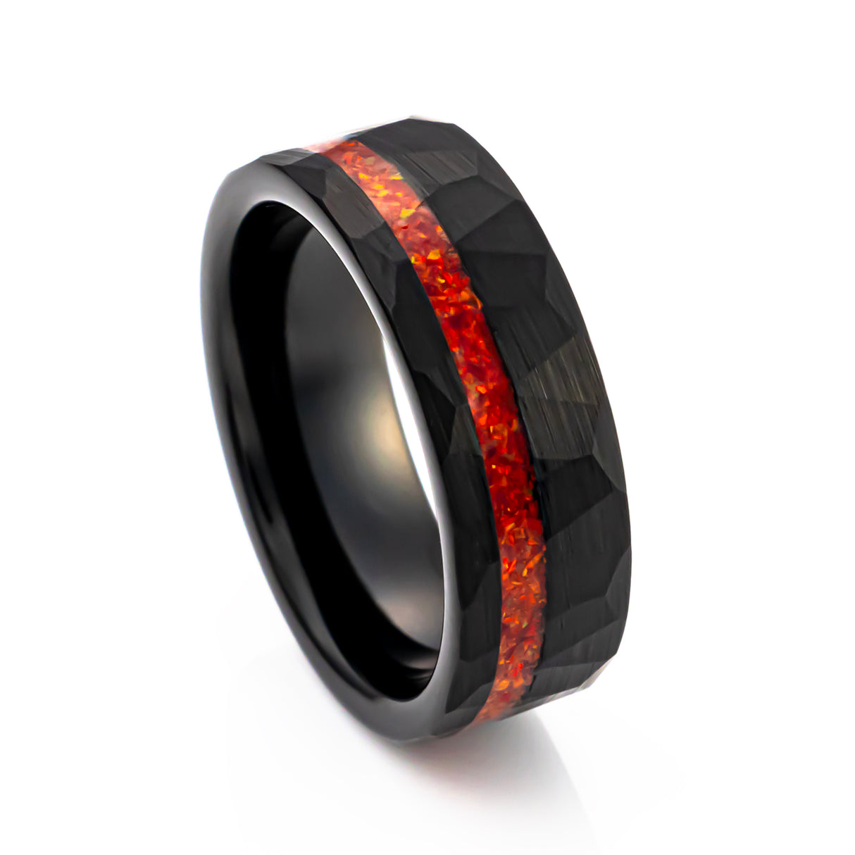 8mm - Black Tungsten Wedding Ring, Crushed Orange Opal Hammered Ring