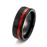 8mm - Black Tungsten Wedding Ring, Crushed Orange Opal Hammered Ring