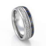 8mm Siver Tungsten Dome Ring W/ Meteorite & Blue Carbon Fiber