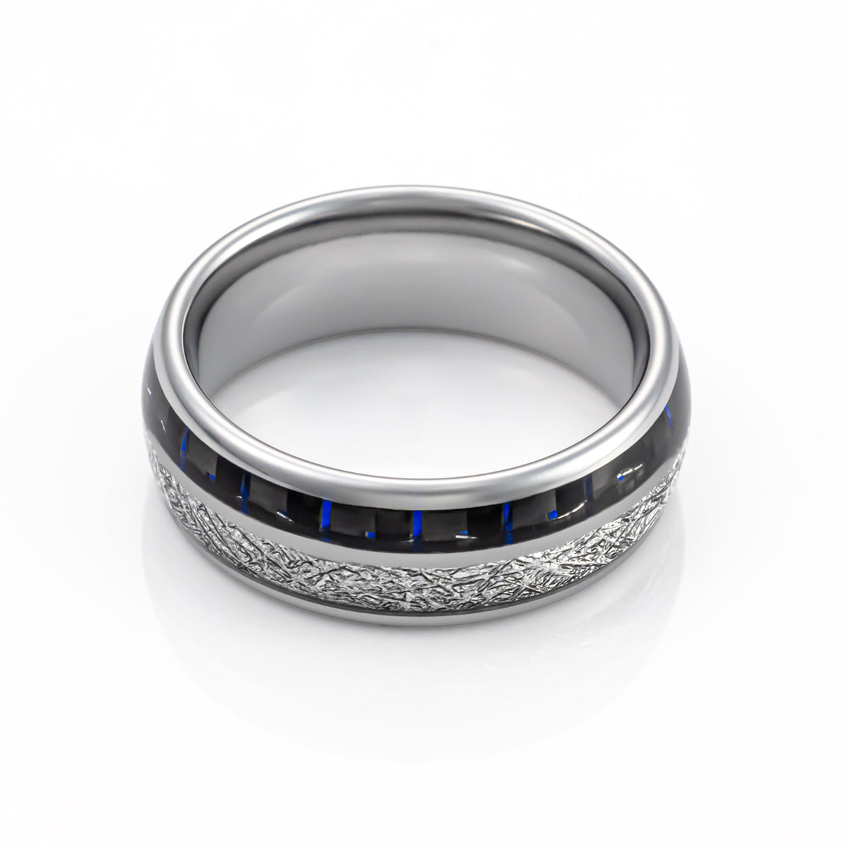 8mm Siver Tungsten Dome Ring W/ Meteorite & Blue Carbon Fiber