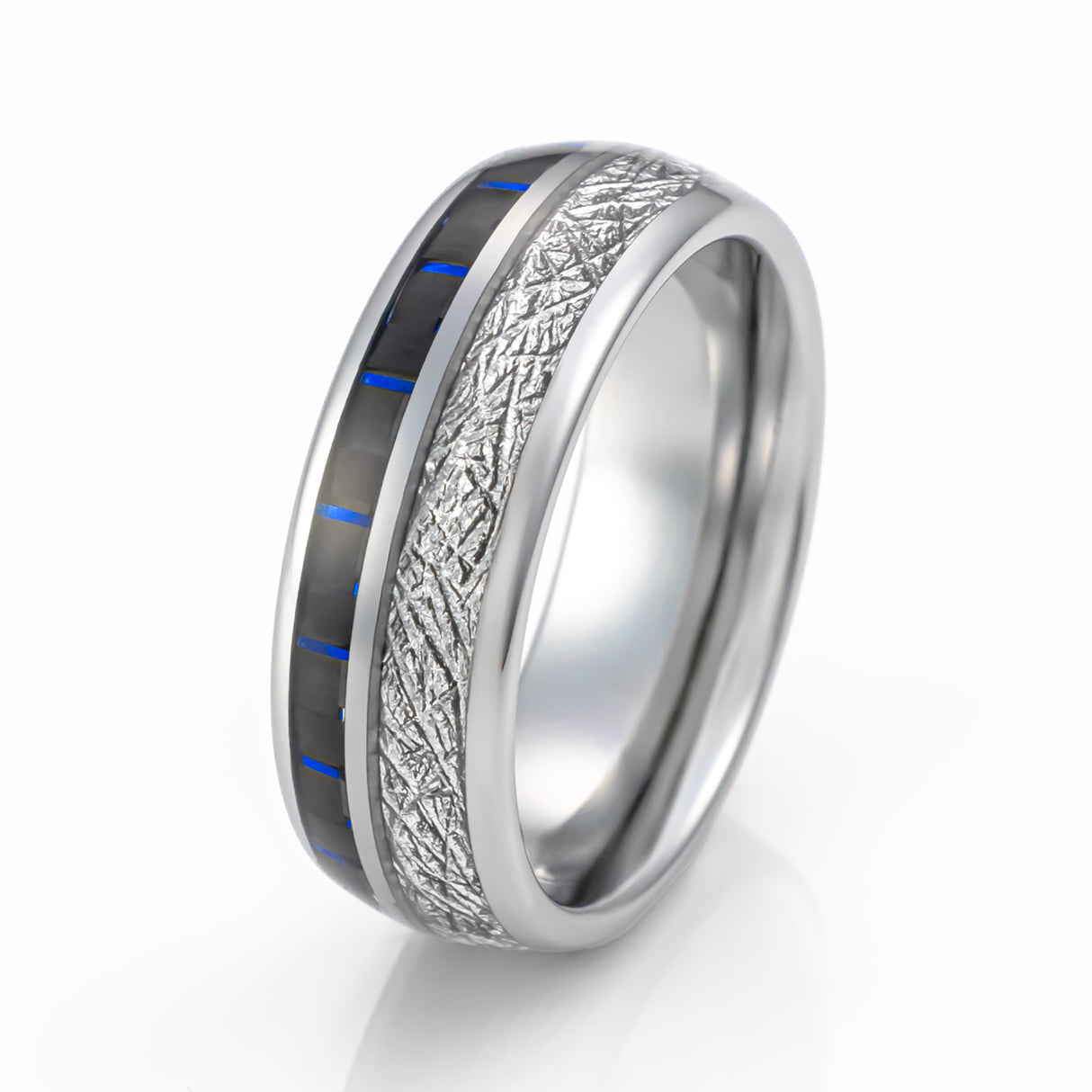 8mm Siver Tungsten Dome Ring W/ Meteorite & Blue Carbon Fiber