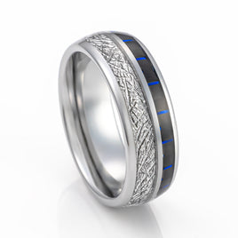 8mm Siver Tungsten Dome Ring W/ Meteorite & Blue Carbon Fibor