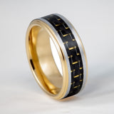 8mm - Gold Tungsten Ring with Black & Gold Carbon fiber Inlay