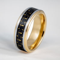 8mm - Gold Tungsten Ring with Black & Gold Carbon fiber Inlay